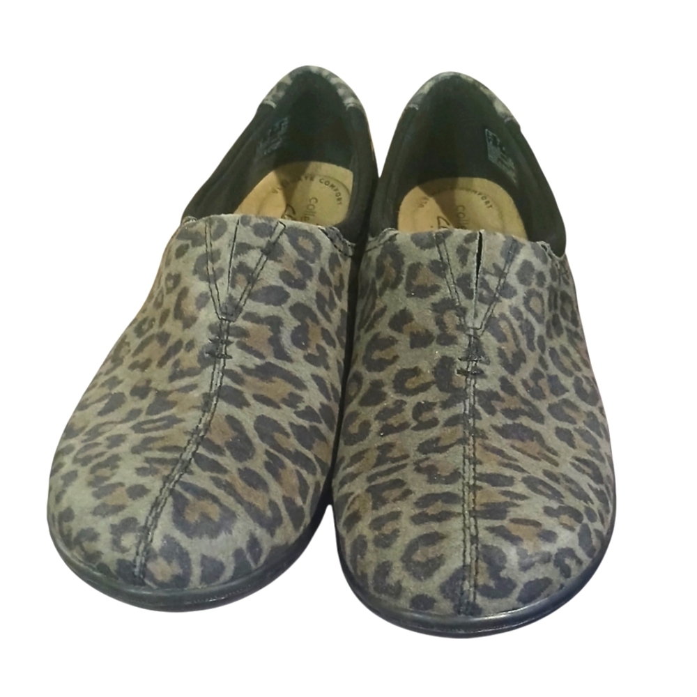 Clarks Women's Ashland Joy Gray Leopard Print Slip-on Comfort Shoes Size 7 W